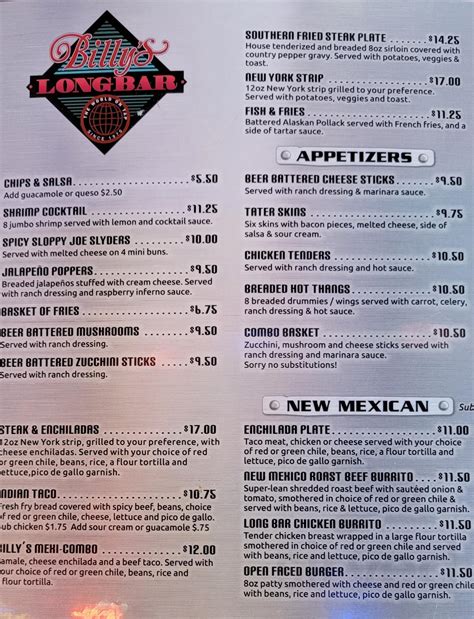 Billy's Long Bar menu in Albuquerque, New Mexico, USA