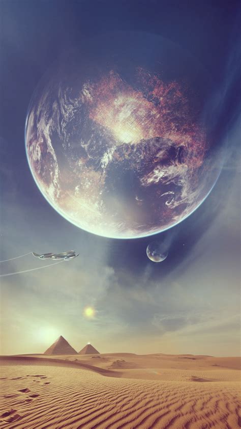 Download wallpaper 1350x2400 spaceship, pyramids, desert, fantasy, art ...
