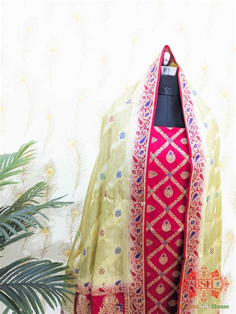 Crimson Red Banarasi Silk Unstitched Suit Set - Bharat Silk House ...