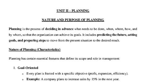 POM - UNIT 2 - Notes - UNIT II – PLANNING NATURE AND PURPOSE OF ...