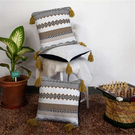 Beige Abstract Printed Decorative Cushion Cover Set of 3 with Tassels ...
