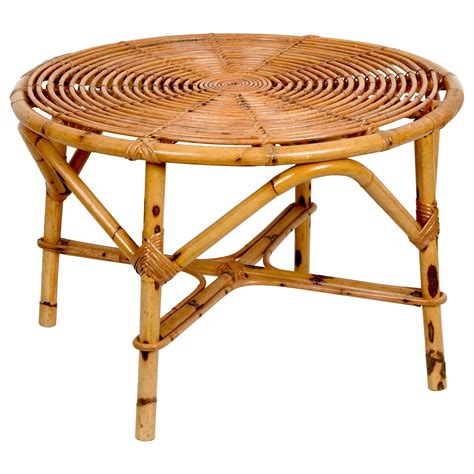 Midcentury Italian Round Rattan and Bamboo Coffee Table with Lower ...
