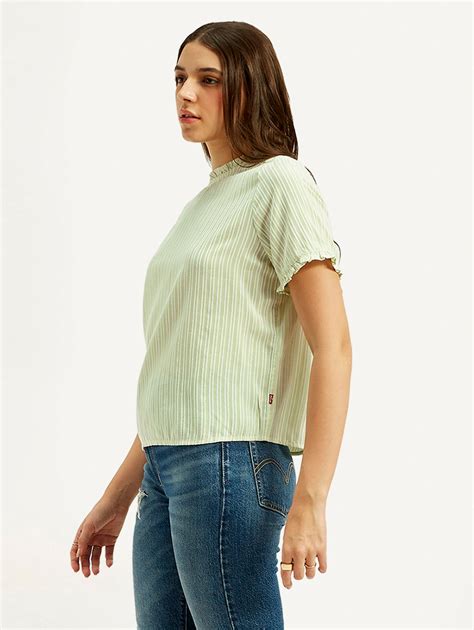 Women's Striped Light Green Collar Neck Top – Levis India Store