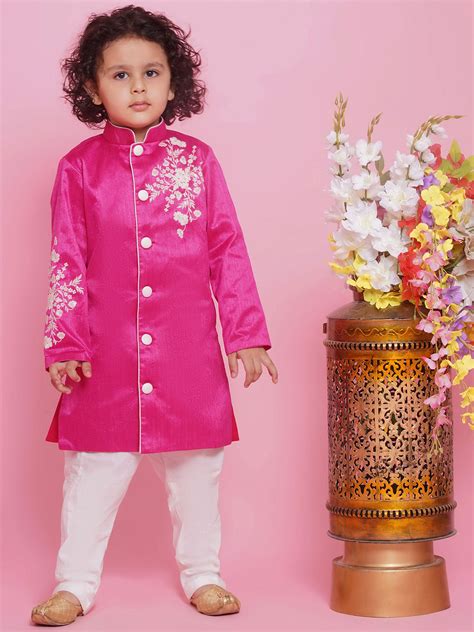Little Bansi Boys Mulberry Silk Full Sleeves Sherwani and Pyjama with