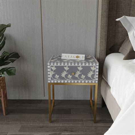 Inlay Bedside Table with Gold Legs - Overlay Floral