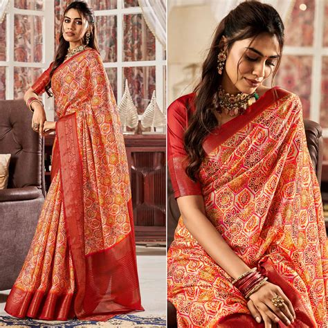 Red & Orange Digital Printed Satin Saree