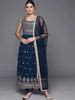 Buy Blue Embroidered Georgette A-Line Kurta With Trousers & Dupatta ...