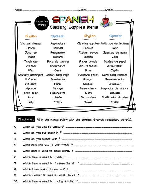 Spanish Cleaning Supplies Vocabulary Word List Worksheet & Answer Key ...