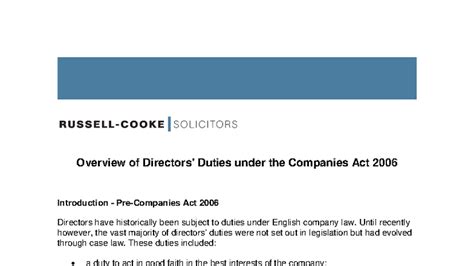 Directors' Duties Overview under Companies Act 2006 - Nov 2009 - Studocu