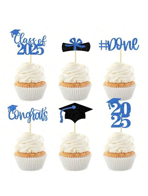 6/12pcs Graduation Cupcake Toppers 2025 Blue, Glitter Class Of 2025 ...