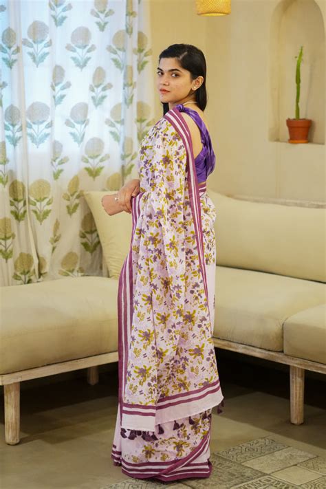 Lavender Blooms Hand Block Print Mulmul Cotton Pre-stitched Ready to W ...