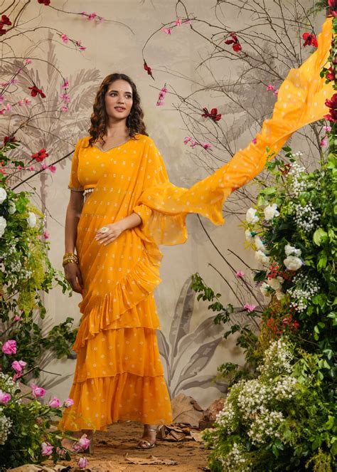 Chandni Yellow Bandhej pre-Draped Saree – EverBloom