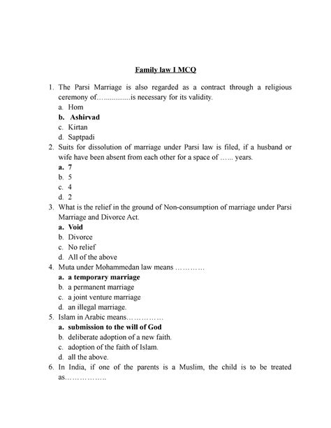 Family law Question BANK - Family law I MCQ The Parsi Marriage is also ...