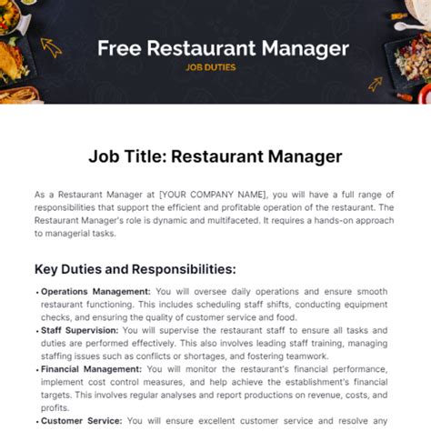 Free Restaurant Manager Job Duties Template to Edit Online