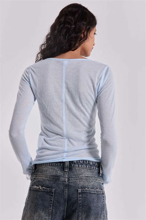 Sheer Henley Top In Sky | Jaded London | Clothing