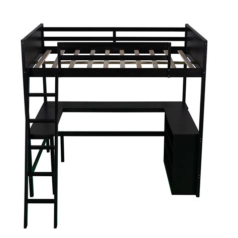 Buy Full Size Loft Bed with 3 Storage Shelves and Built-in Desk, Wooden ...