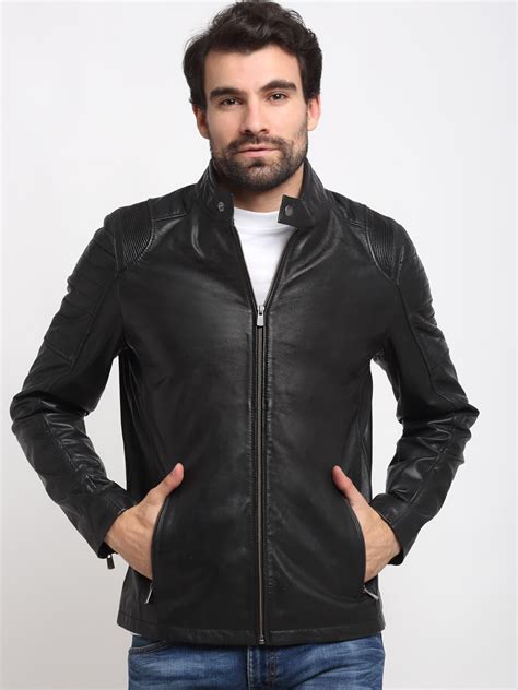 Buy Teakwood Leathers Men Black Solid Lightweight Leather Jacket ...