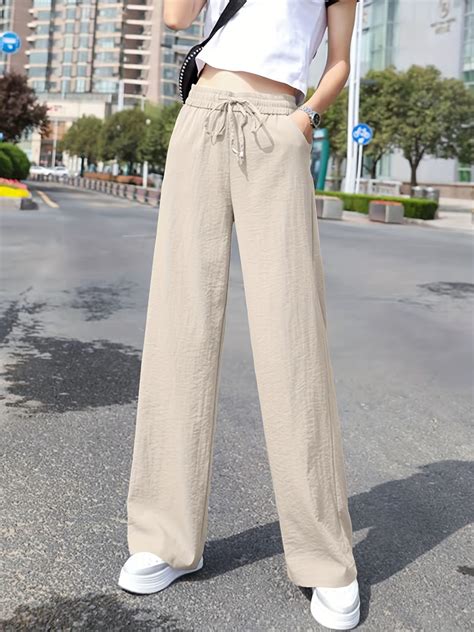 Minimalist Solid Drawstring Pants, Casual Long Length Elastic Waist ...