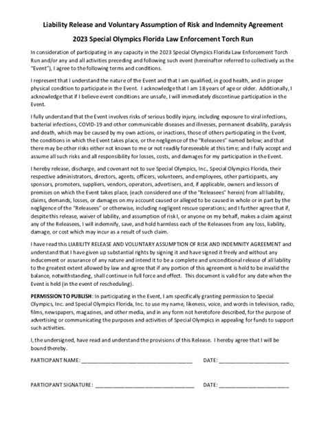 Fillable Online Law Enforcement Torch Run Waiver & Release Form Fax ...