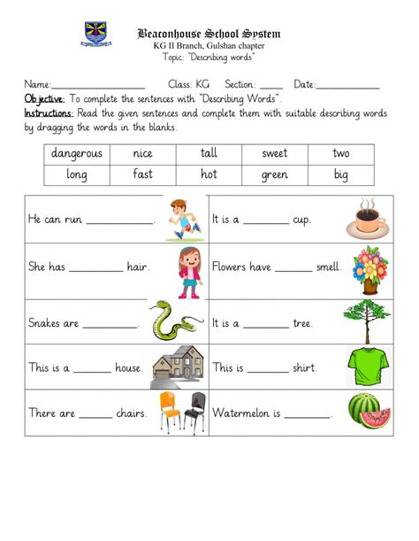 Descriptive Words Worksheet 的图像结果