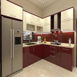 Modern Modular L-Shaped Kitchen Design With Black Glossy Kitchen Countertop