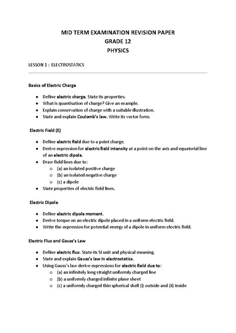 MIDTERM EXAM REVISION PAPER GRADE 12 PHYSICS: ELECTROSTATICS & CURRENT ...
