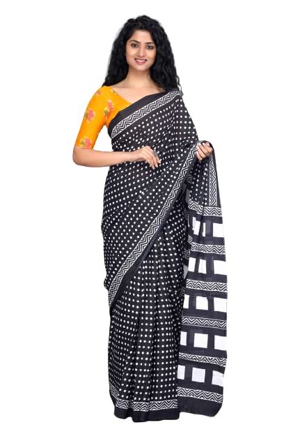 Buy Kiaaron Women's Ikat Hand Block Print Jaipuri Cotton Mulmul Saree ...