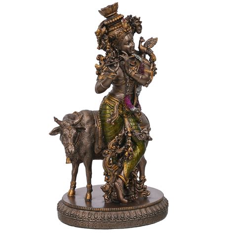 Cold Cast Bronze Resin Krishna Playing Flute With Cow Statue – eCraftIndia