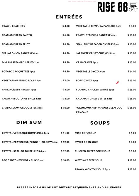 Menu at RISE 88 ASIAN FUSION FOOD restaurant, Ulverstone