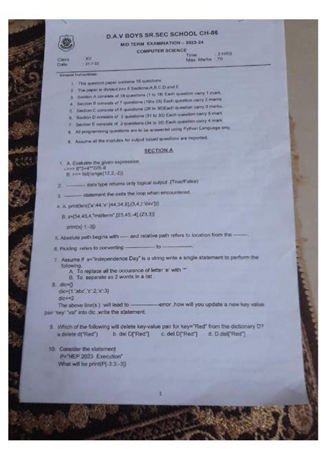Midterm Exam Paper for CS - DAV Gopalapuram - Studocu