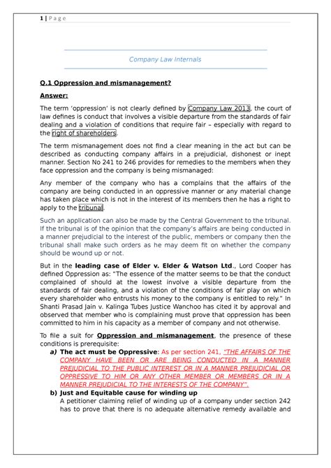 Company law Internal Exam - Company Law Internals Q Oppression and ...