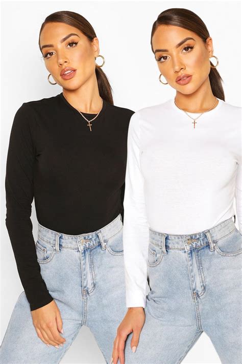 Long Sleeved Crew Neck Bodysuit Two Pack | boohoo USA