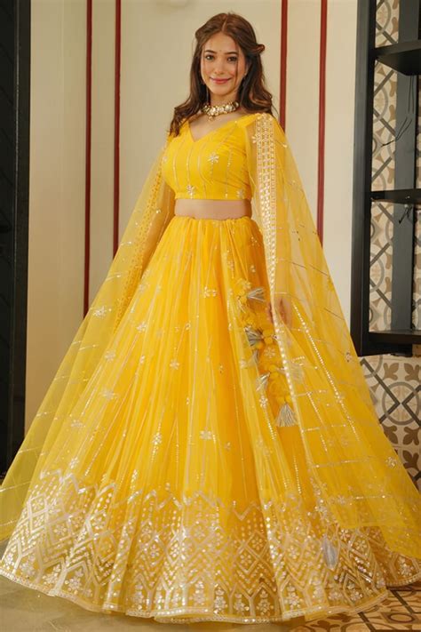 Party Wear Yellow Crop Top Lehenga With Dupatta For Women - Anaya ...