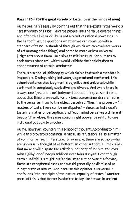 Hume's Standard of Taste: Insights and Critiques - Notes - Studocu