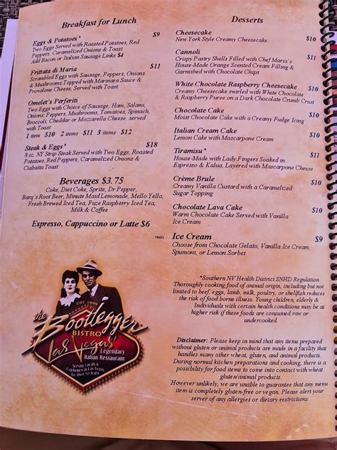 Menu at The Bootlegger Italian Bistro restaurant, Las Vegas
