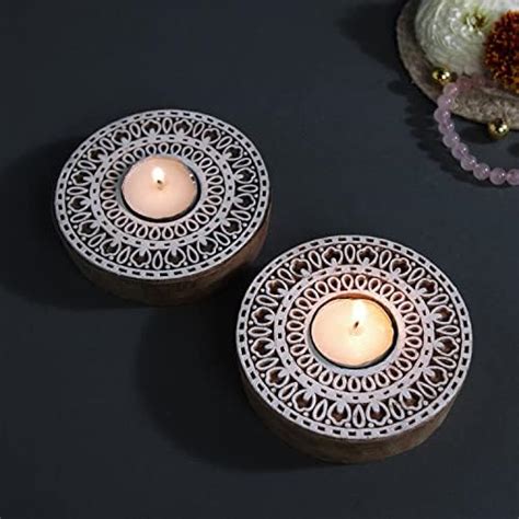 ExclusiveLane Flower Hand-Carved Blocks Tea-Light Holders (Set of 2 ...