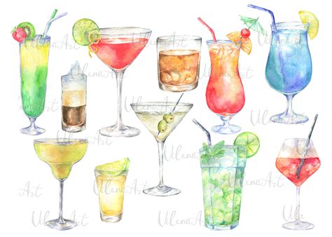 A Vibrant Collection Of Watercolor Cocktail Illustrations Showcasing A ...