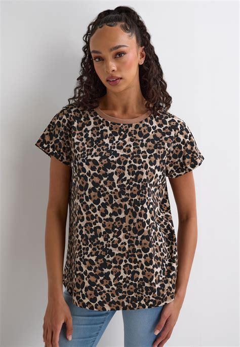 Womens Brown Animal Print Roll Sleeve T-Shirt | Peacocks