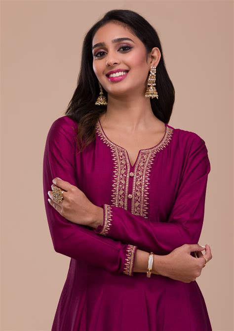 Buy Wine Zariwork Art Silk Readymade Anarkali Suit - Koskii