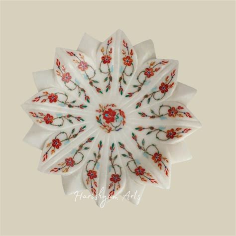 Semi-Precious Stone Inlay Marble Urli Bowl with Lotus Plate Design