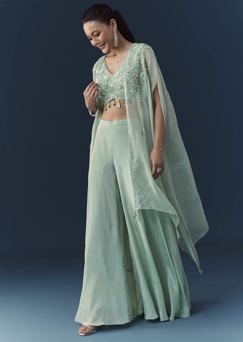 Buy Blue Organza Embroidered Crop Top Palazzo Set with Cape | KALKI ...