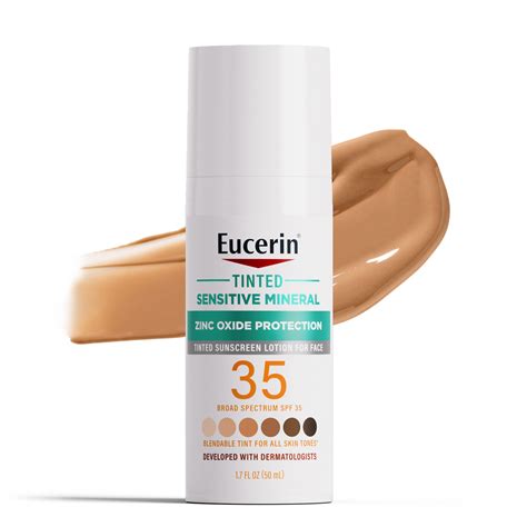 Eucerin Sun Tinted Sensitive Mineral Face Sunscreen Lotion SPF 35, Non-Comedogenic Mineral ...