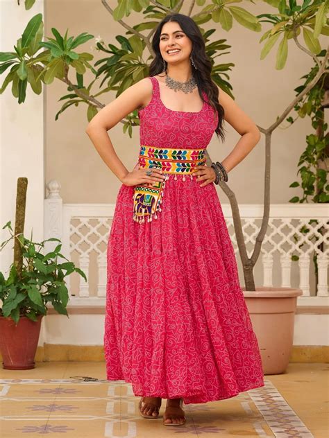 Pink Georgette Bandhani Print Mirror Gamthi Work Traditional Gown – Trinari