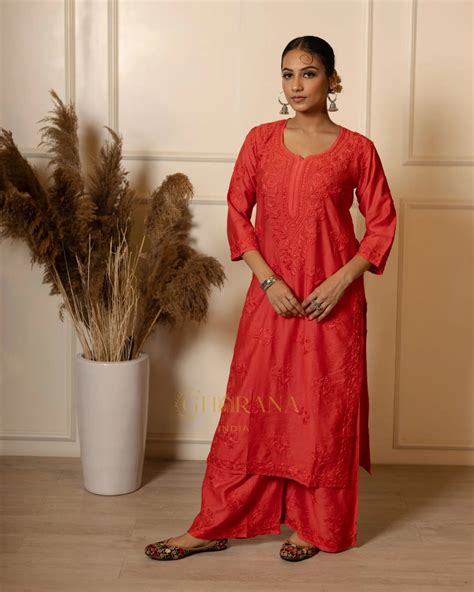 Ruhi Chanderi Chikankari Red Kurta Set with Embroidered Palazzo ...