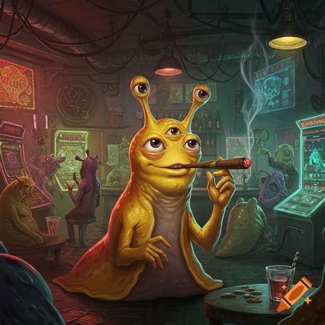 Yellow four-eyed slug character smoking cigar in sci-fi bar on Craiyon