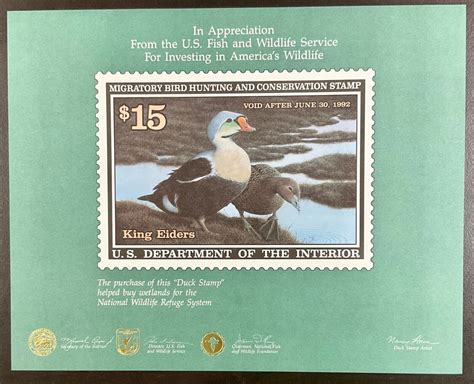 RW58 1991 $15 King Eiders Duck Stamp Appreciation Card | United States, Duck Stamps - Federal ...