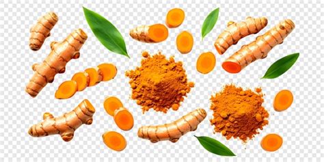Turmeric roots slices and powder on transparent background | Premium PSD