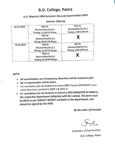 BD College UG Mid-Semester (Sem III) Exam Notice 2024–28 | College ...