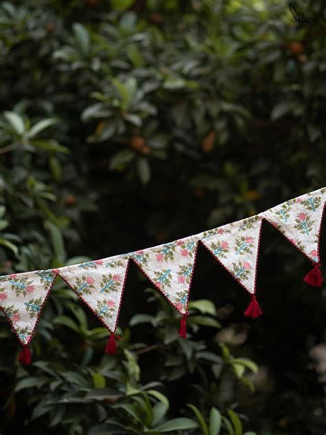 Cotton Fabric Floral White Bunting With Tassels|Girlands|Suta