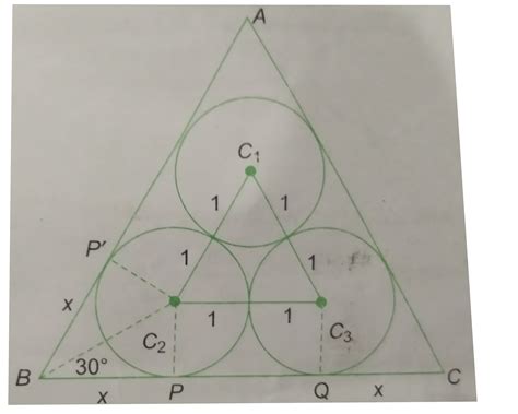 In an equilateral triangle, three identical coins of radii 1 units each ...